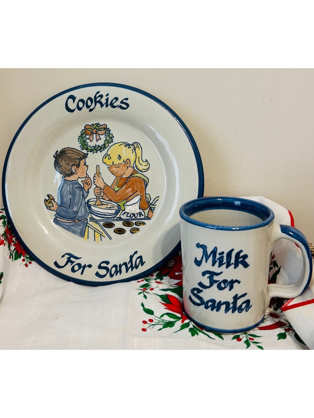 Louisville Stoneware 1980-90s Cookies for Santa plate and Milk for Santa mug set